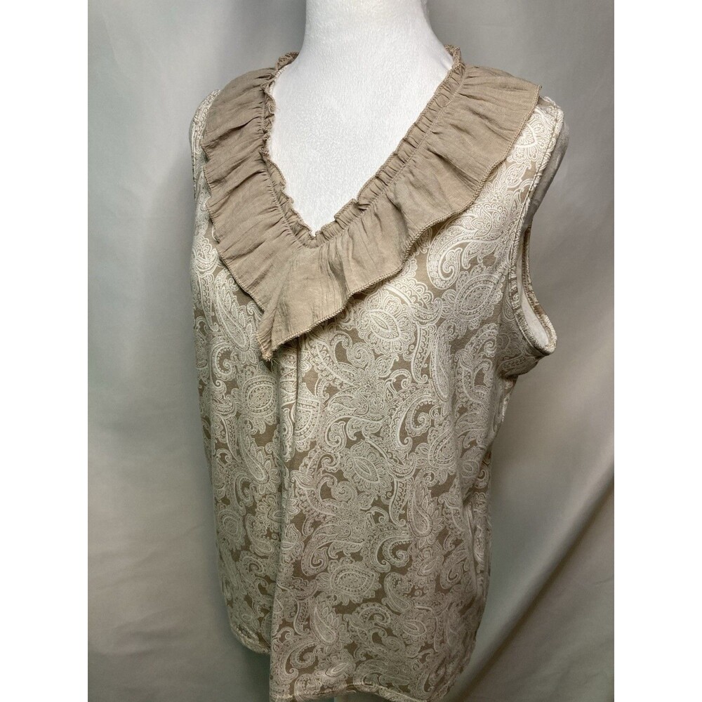 Womens L Sleeveless Tunic Beige Ruffle V-Neck Paisley Blouse Top Granny Cottage - Picture 6 of 9